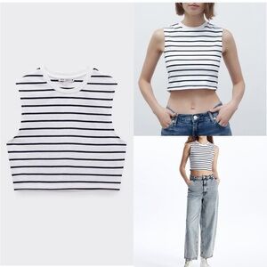 Zara black & white stretch crop top Size Large